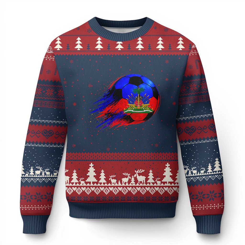 Haitian Flag Soccer Ball Splatter Graphic Ugly Christmas Sweater Haiti Football Sports Fan TS02 Navy Red Print Your Wear