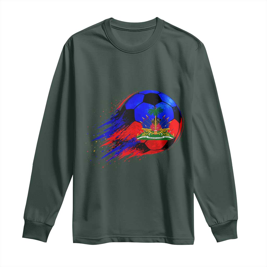 Haitian Flag Soccer Ball Splatter Graphic Long Sleeve Shirt Haiti Football Sports Fan TS02 Dark Forest Green Print Your Wear