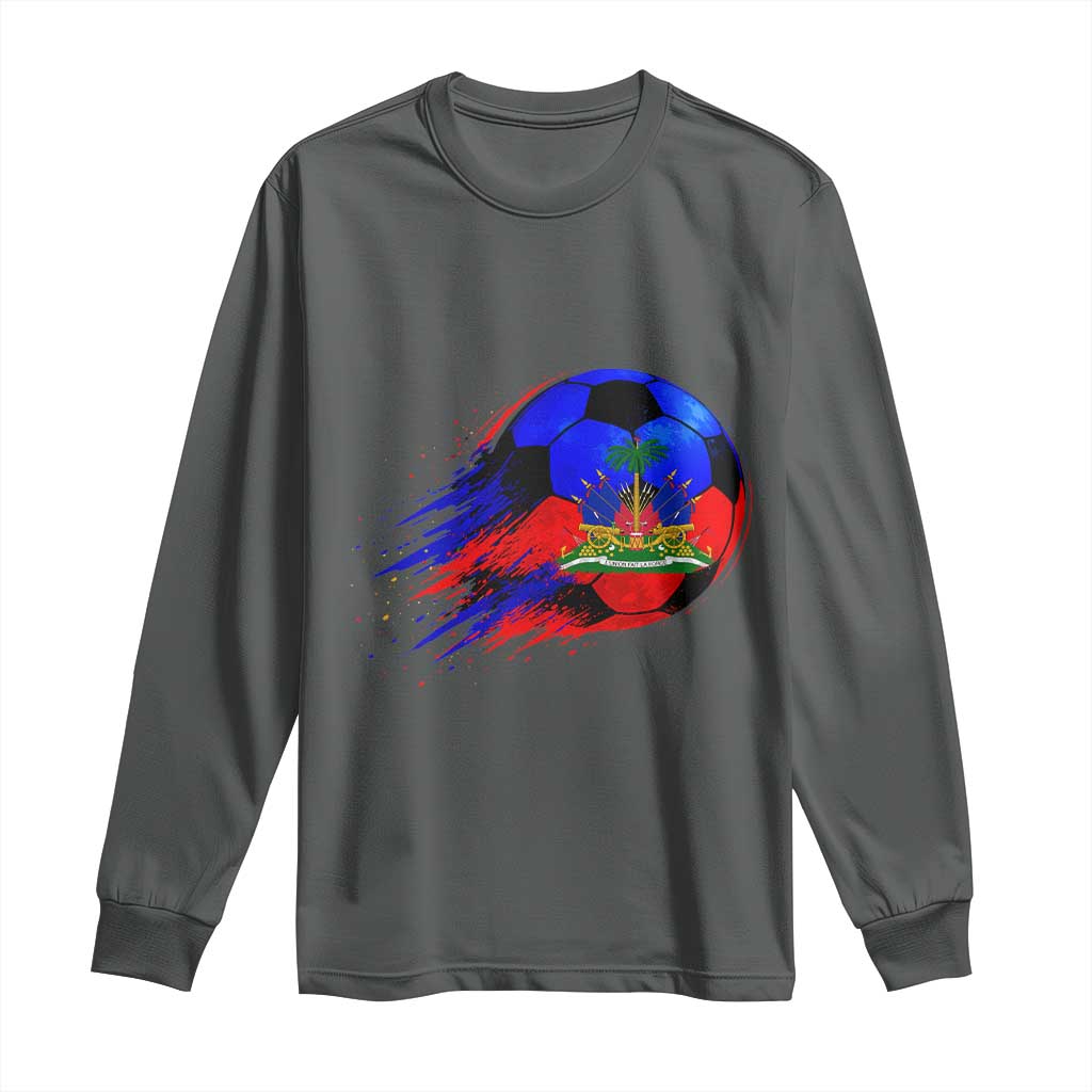 Haitian Flag Soccer Ball Splatter Graphic Long Sleeve Shirt Haiti Football Sports Fan TS02 Dark Heather Print Your Wear