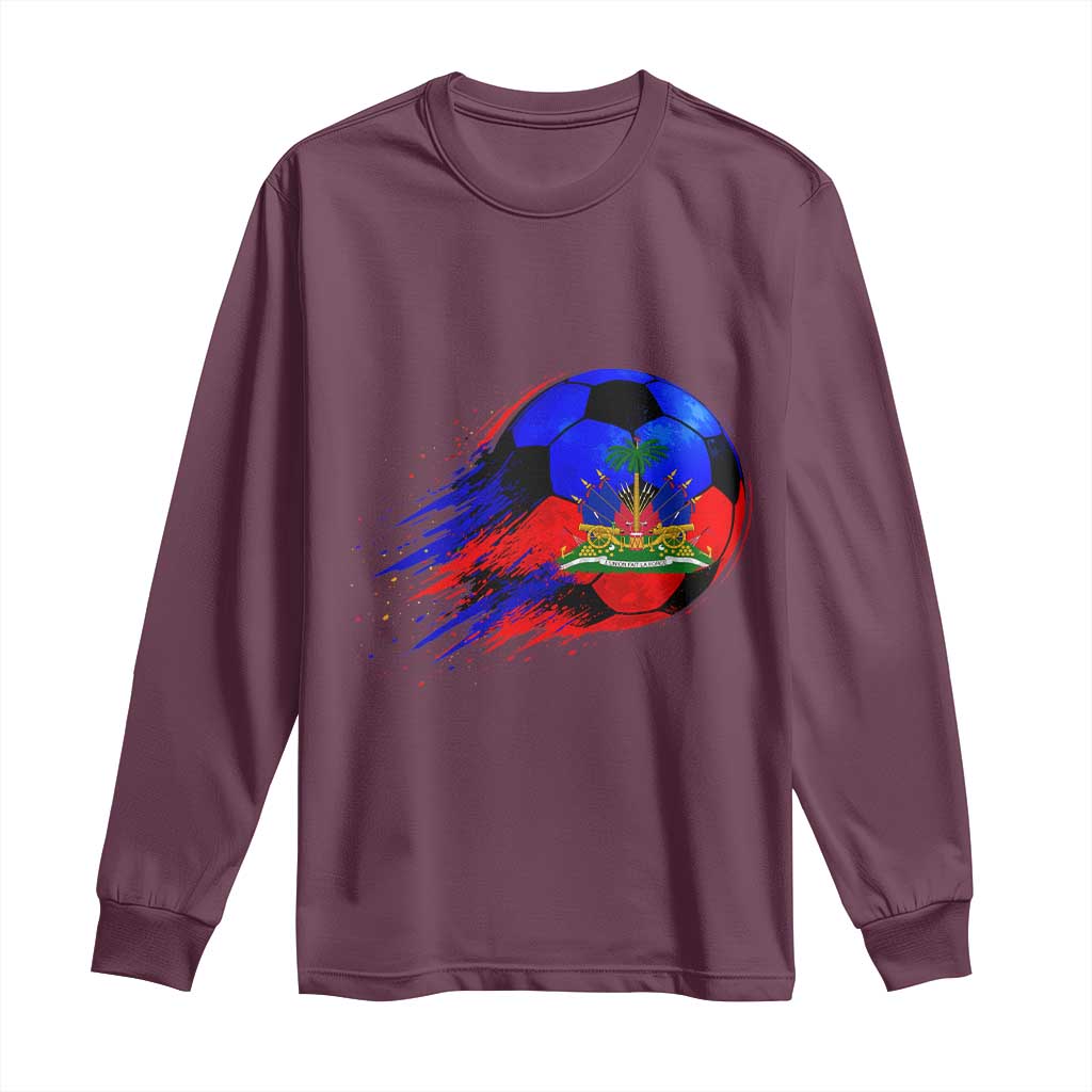 Haitian Flag Soccer Ball Splatter Graphic Long Sleeve Shirt Haiti Football Sports Fan TS02 Maroon Print Your Wear