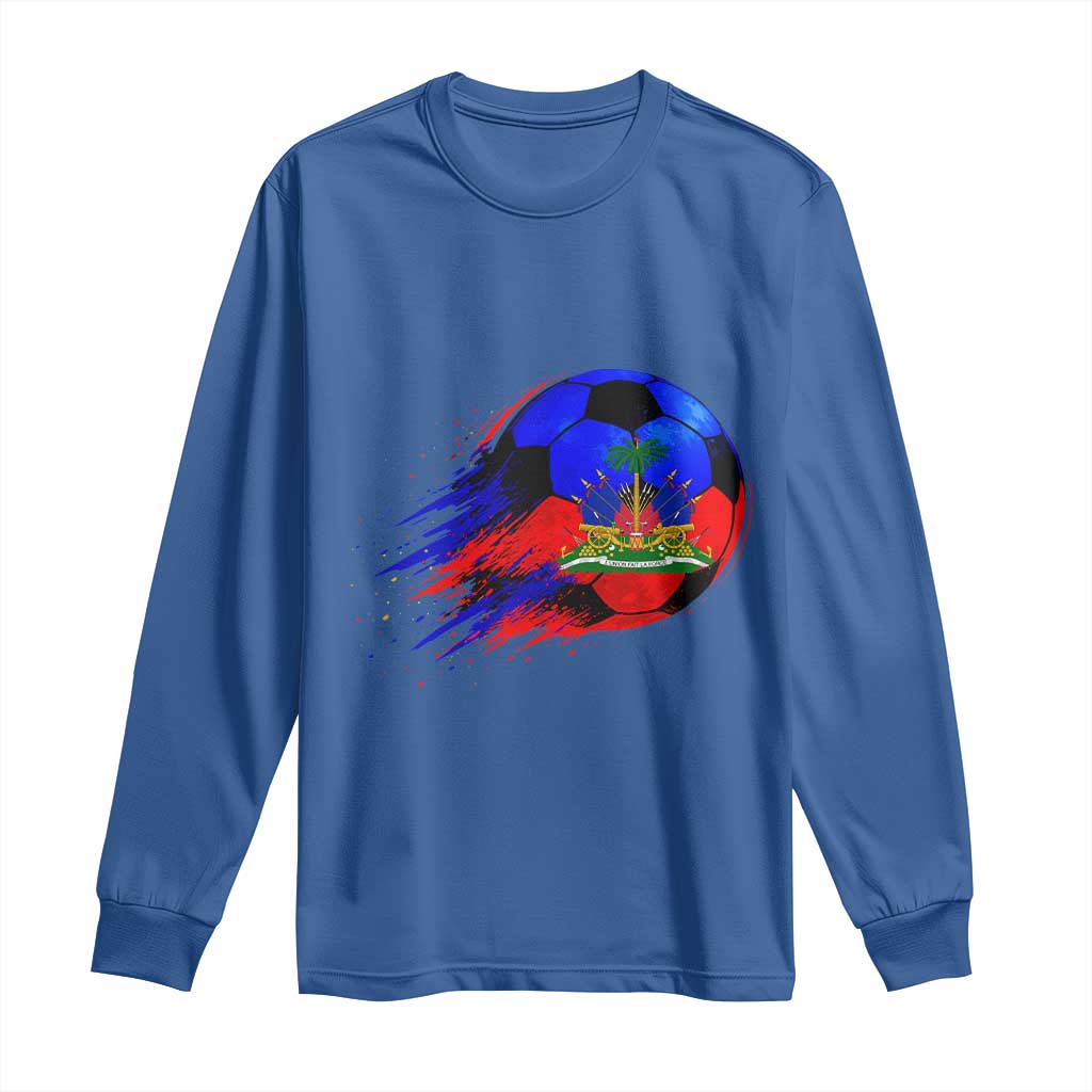 Haitian Flag Soccer Ball Splatter Graphic Long Sleeve Shirt Haiti Football Sports Fan TS02 Royal Blue Print Your Wear