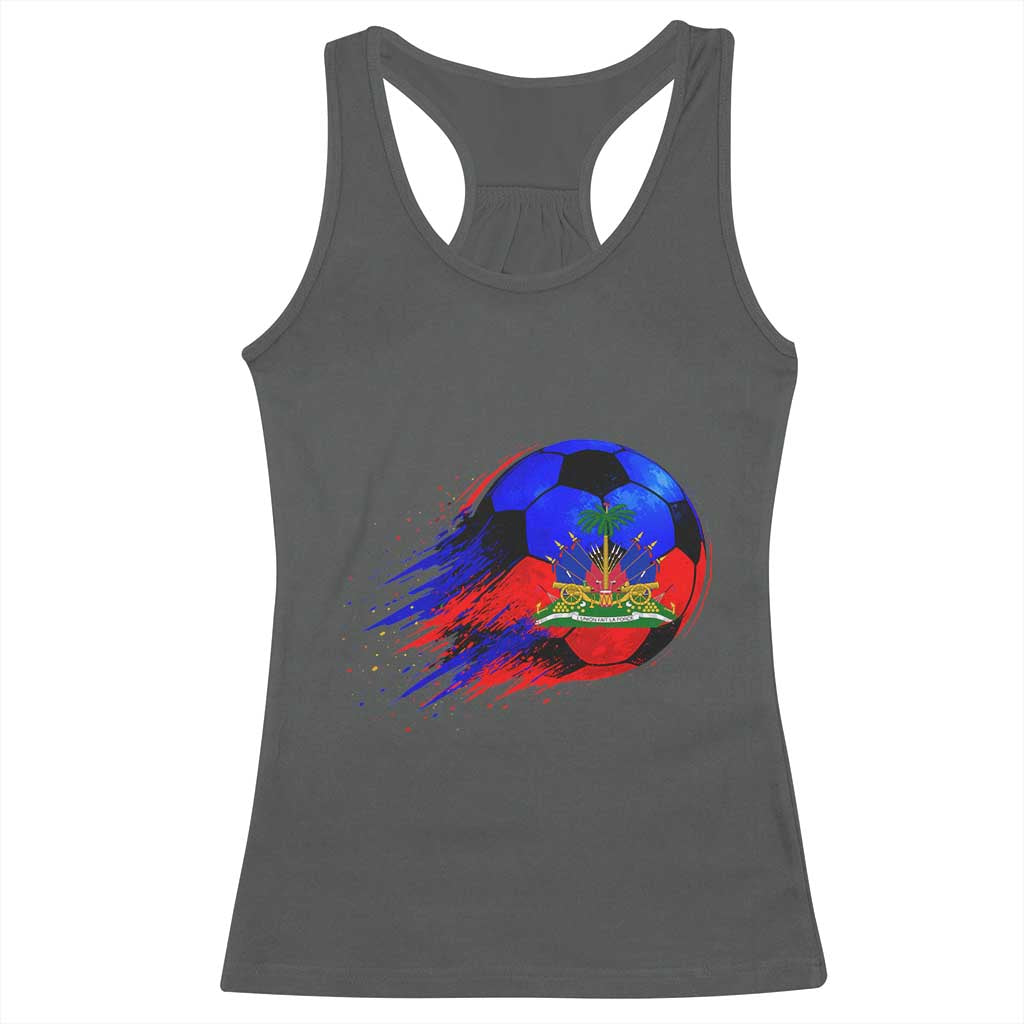 Haitian Flag Soccer Ball Splatter Graphic Racerback Tank Top Haiti Football Sports Fan TS02 Dark Heather Print Your Wear