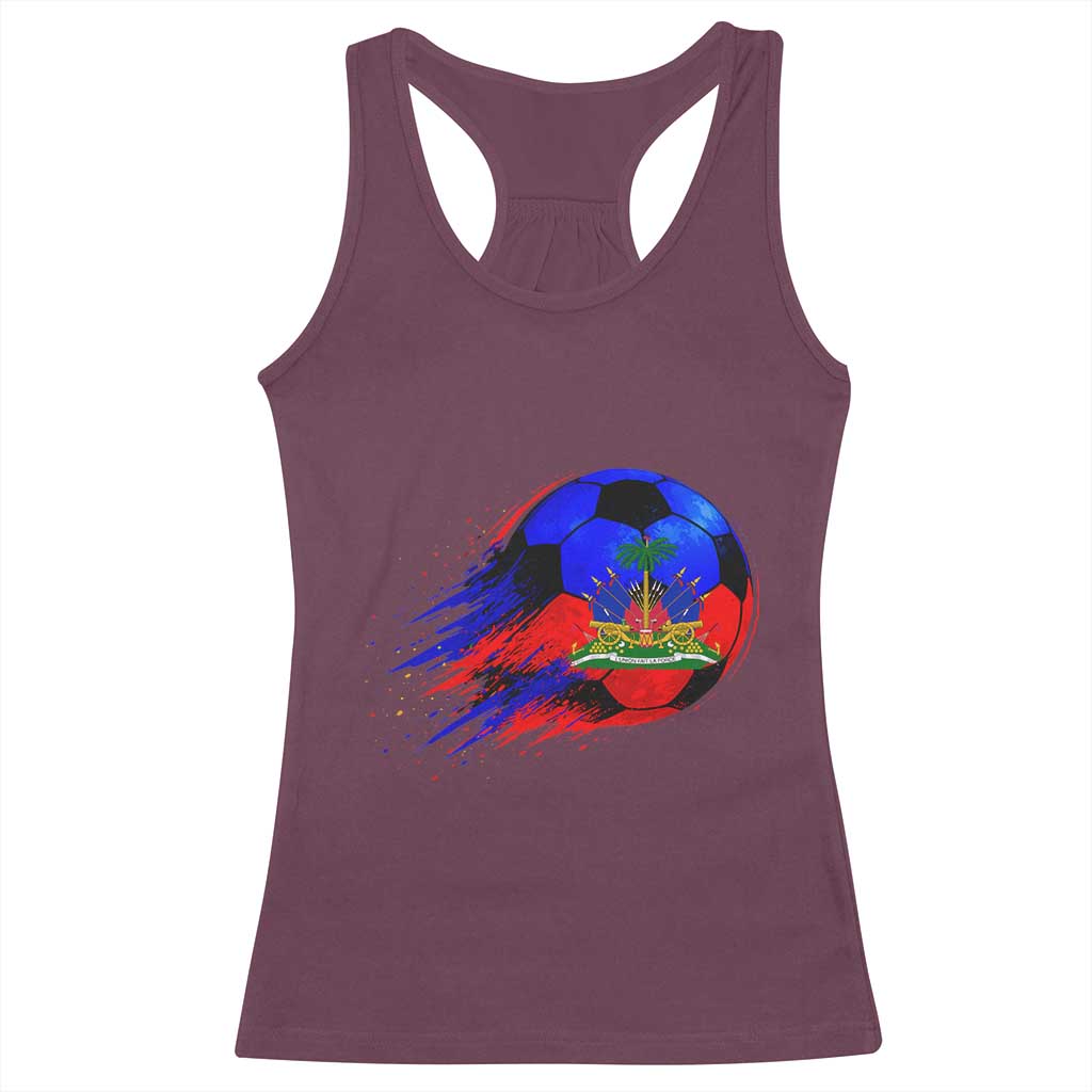Haitian Flag Soccer Ball Splatter Graphic Racerback Tank Top Haiti Football Sports Fan TS02 Maroon Print Your Wear