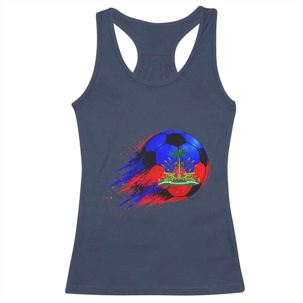 Haitian Flag Soccer Ball Splatter Graphic Racerback Tank Top Haiti Football Sports Fan TS02 Navy Print Your Wear
