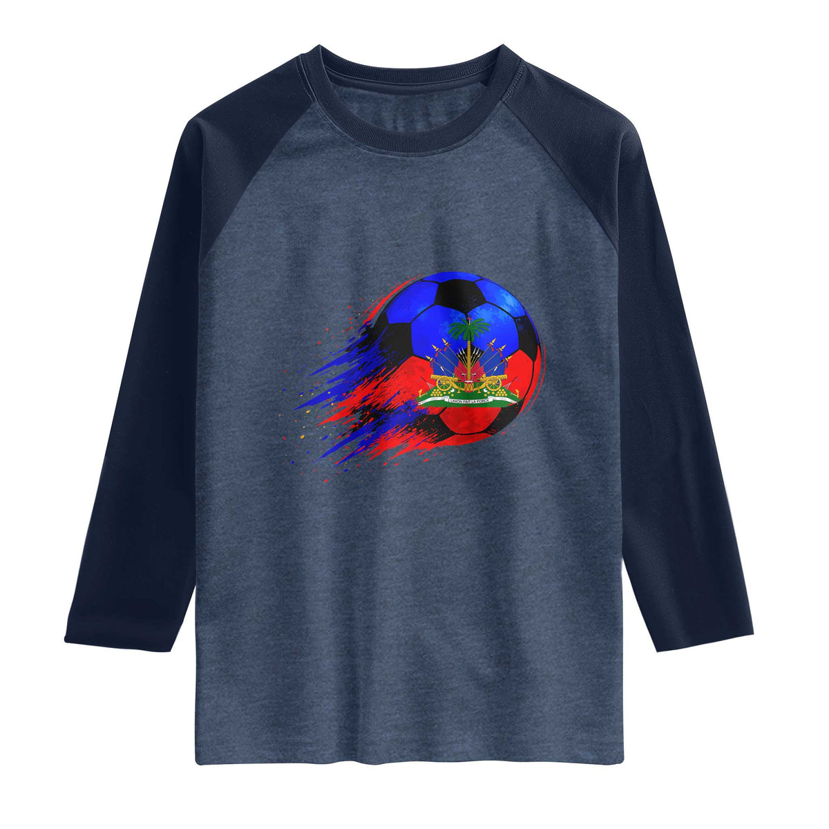 Haitian Flag Soccer Ball Splatter Graphic Raglan Shirt Haiti Football Sports Fan TS02 Heather Denim Navy Print Your Wear