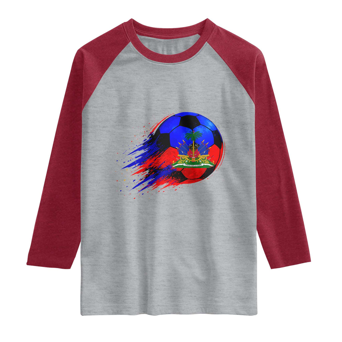 Haitian Flag Soccer Ball Splatter Graphic Raglan Shirt Haiti Football Sports Fan TS02 Heather Gray Heather Red Print Your Wear