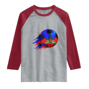 Haitian Flag Soccer Ball Splatter Graphic Raglan Shirt Haiti Football Sports Fan TS02 Heather Gray Heather Red Print Your Wear