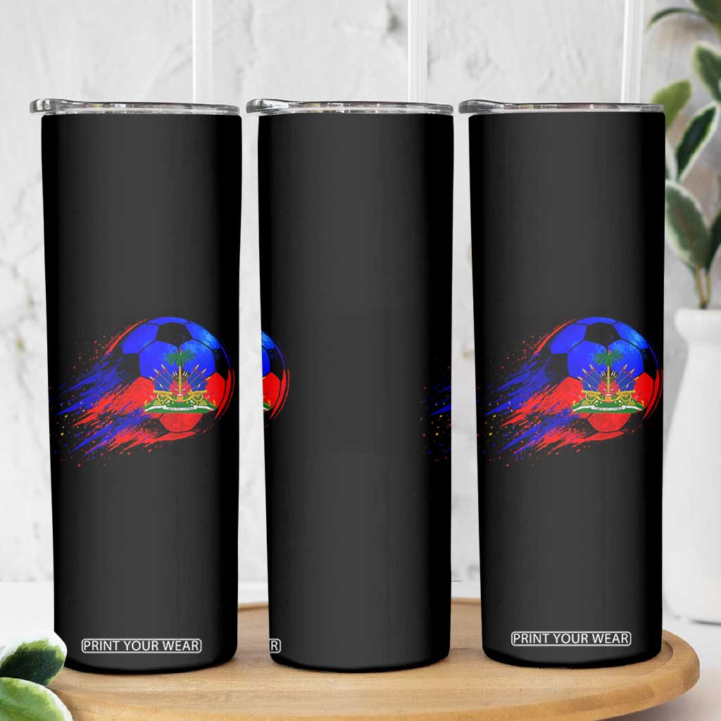 Haitian Flag Soccer Ball Splatter Graphic Skinny Tumbler Haiti Football Sports Fan TS02 Print Your Wear