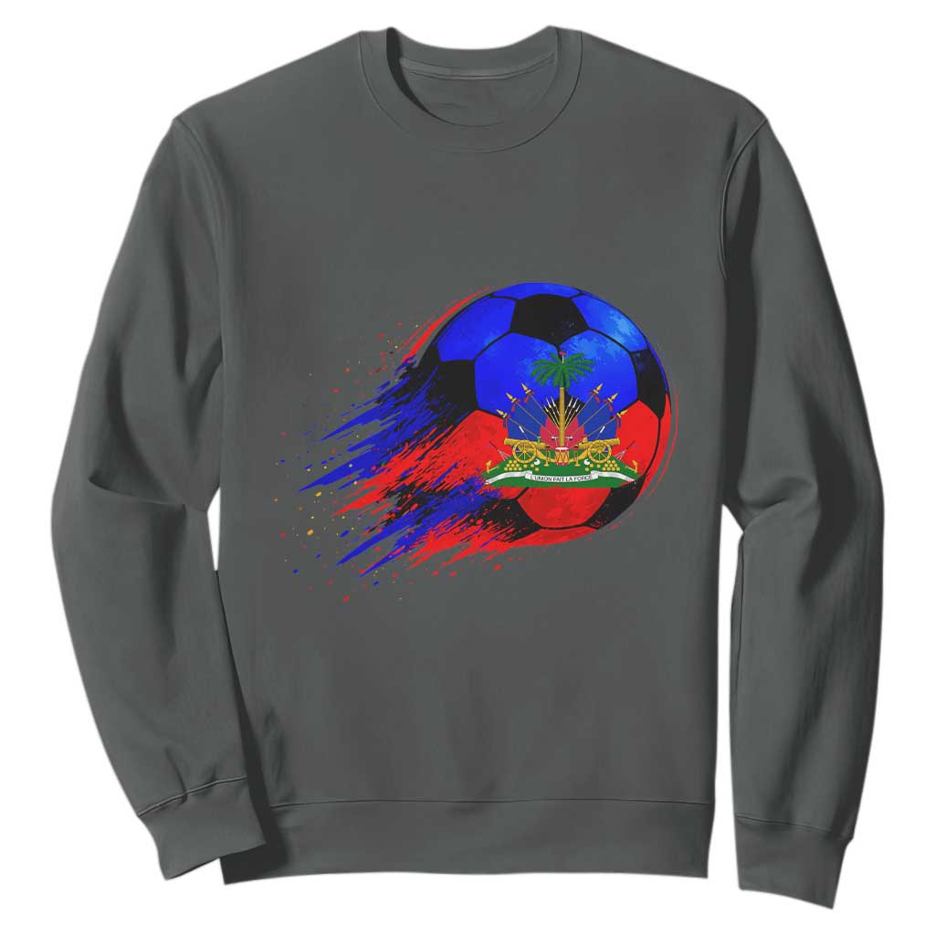 Haitian Flag Soccer Ball Splatter Graphic Sweatshirt Haiti Football Sports Fan TS02 Dark Heather Print Your Wear