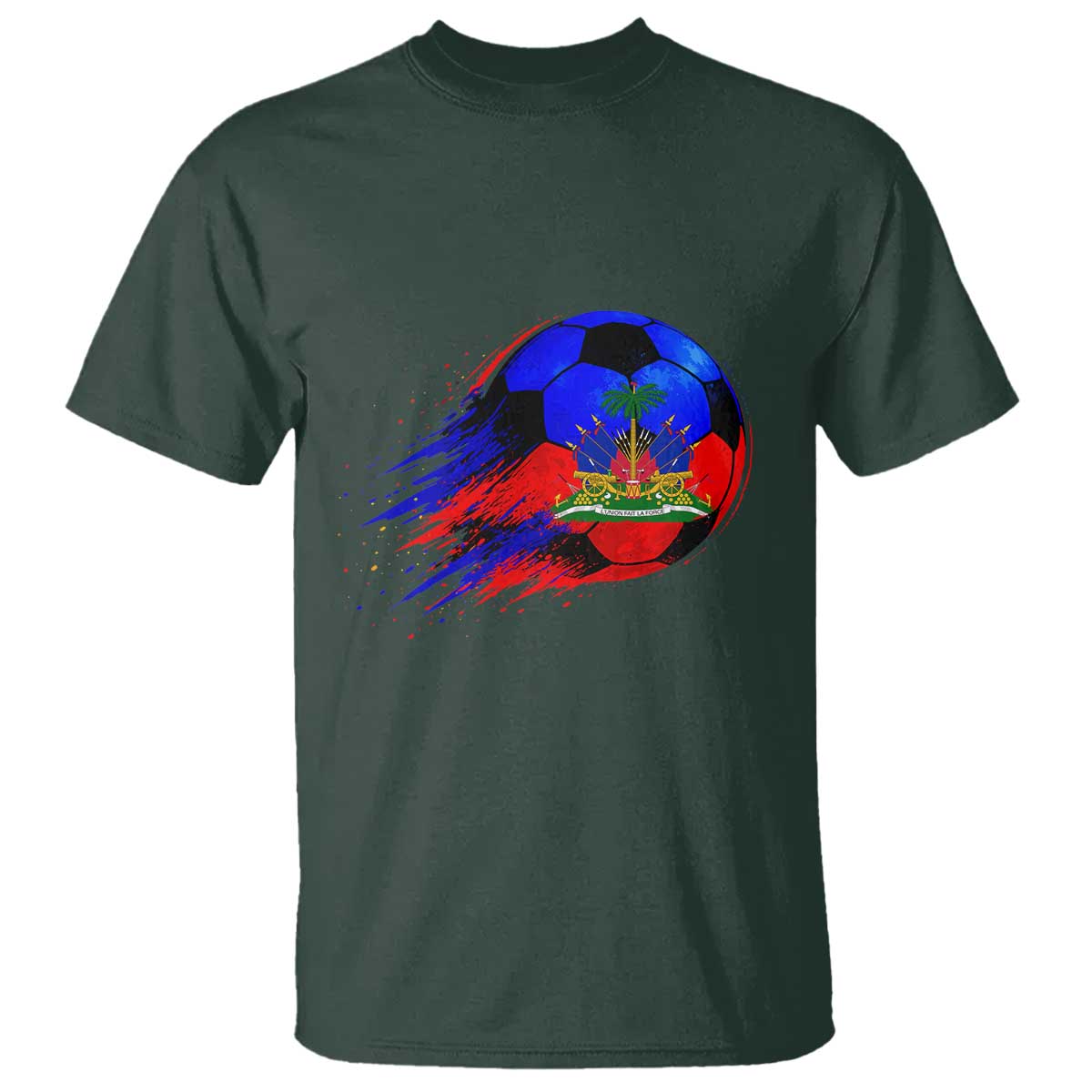 Haitian Flag Soccer Ball Splatter Graphic T Shirt Haiti Football Sports Fan TS02 Dark Forest Green Print Your Wear