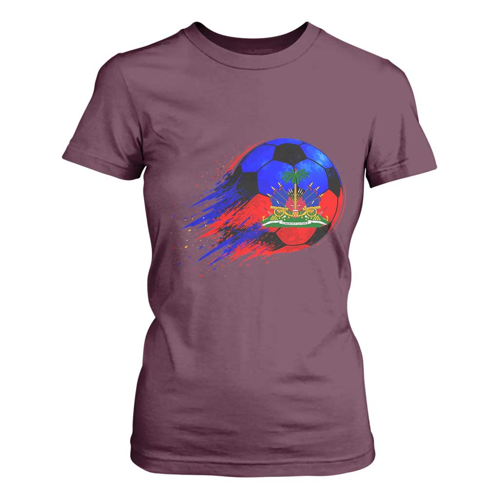Haitian Flag Soccer Ball Splatter Graphic T Shirt For Women Haiti Football Sports Fan TS02 Maroon Print Your Wear