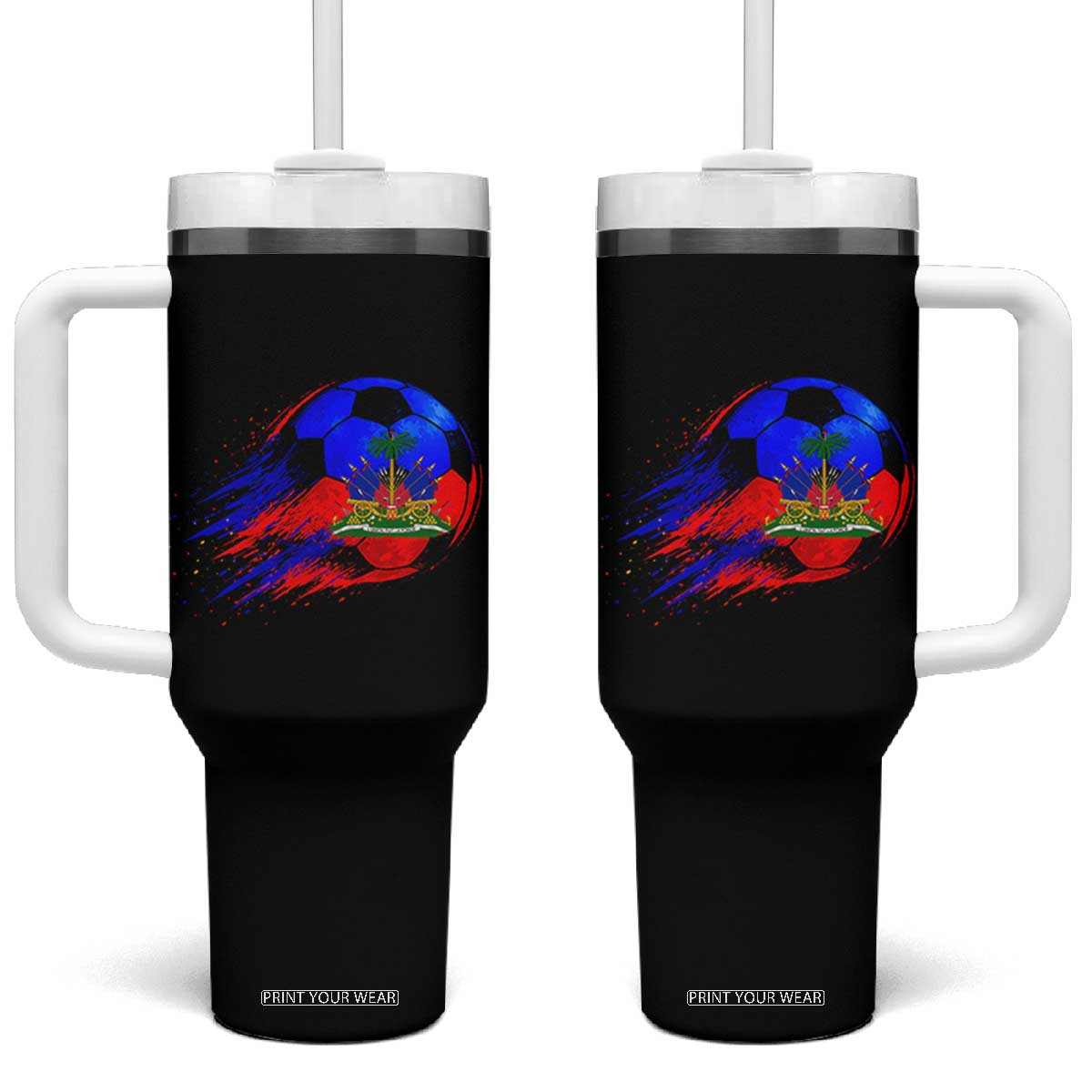 Haitian Flag Soccer Ball Splatter Graphic Tumbler With Handle Haiti Football Sports Fan TS02 One Size: 40 oz Black Print Your Wear