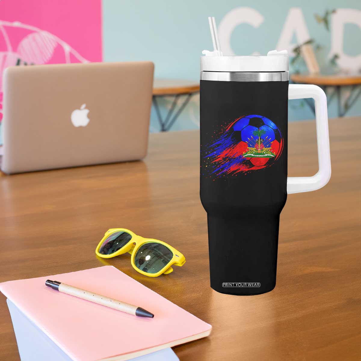 Haitian Flag Soccer Ball Splatter Graphic Tumbler With Handle Haiti Football Sports Fan TS02 Print Your Wear