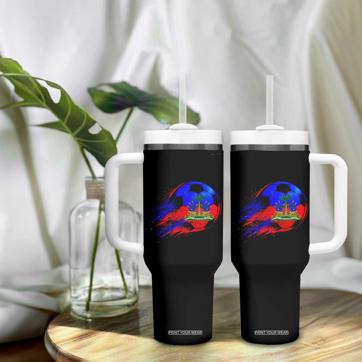 Haitian Flag Soccer Ball Splatter Graphic Tumbler With Handle Haiti Football Sports Fan TS02 Print Your Wear