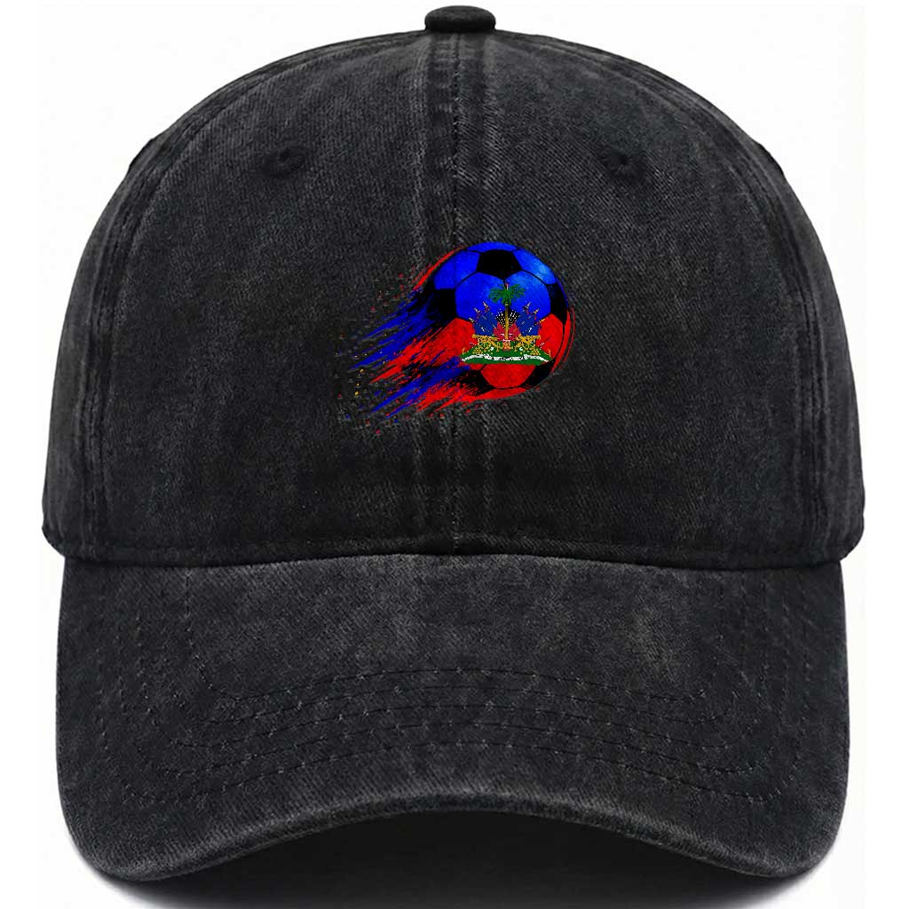 Haitian Flag Soccer Ball Splatter Graphic Washed Cotton Baseball Cap Haiti Football Sports Fan TS02 Print Your Wear
