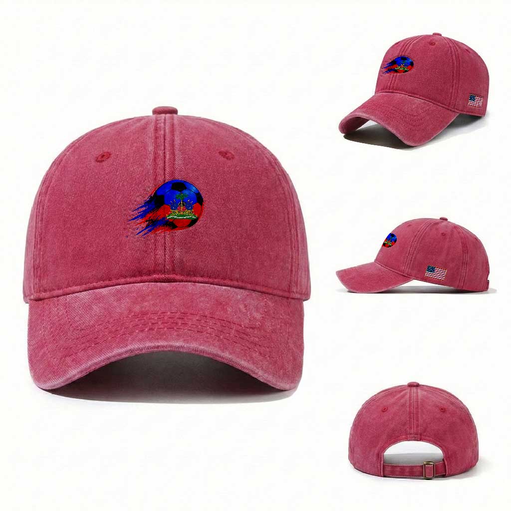 Haitian Flag Soccer Ball Splatter Graphic Washed Cotton Baseball Cap Haiti Football Sports Fan TS02 Washed Cap Universal Fit Red Print Your Wear