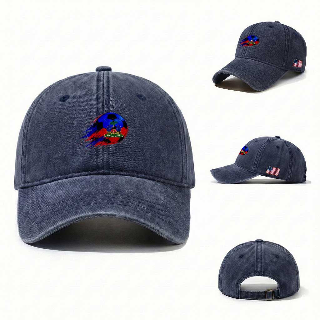Haitian Flag Soccer Ball Splatter Graphic Washed Cotton Baseball Cap Haiti Football Sports Fan TS02 Washed Cap Universal Fit Navy Print Your Wear
