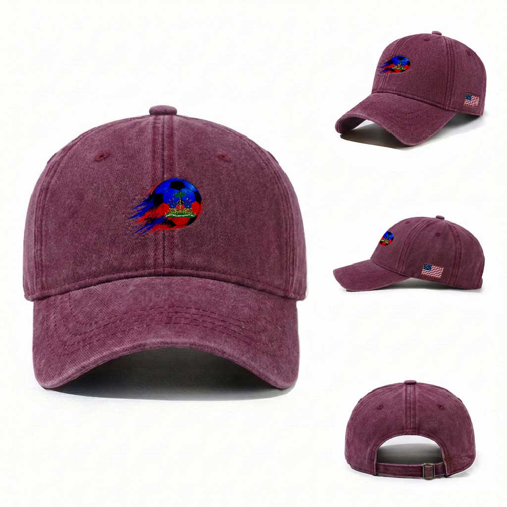 Haitian Flag Soccer Ball Splatter Graphic Washed Cotton Baseball Cap Haiti Football Sports Fan TS02 Washed Cap Universal Fit Burgundy Print Your Wear