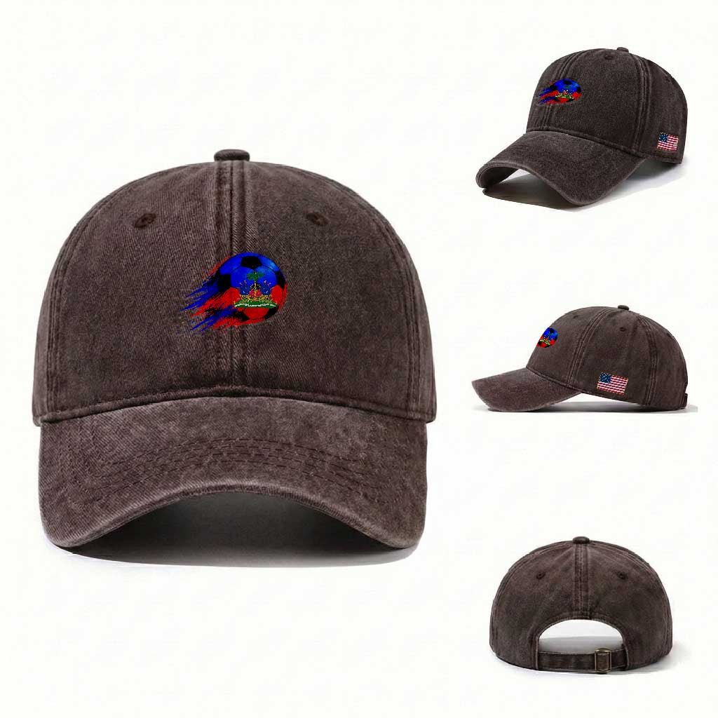Haitian Flag Soccer Ball Splatter Graphic Washed Cotton Baseball Cap Haiti Football Sports Fan TS02 Washed Cap Universal Fit Dark Brown Print Your Wear