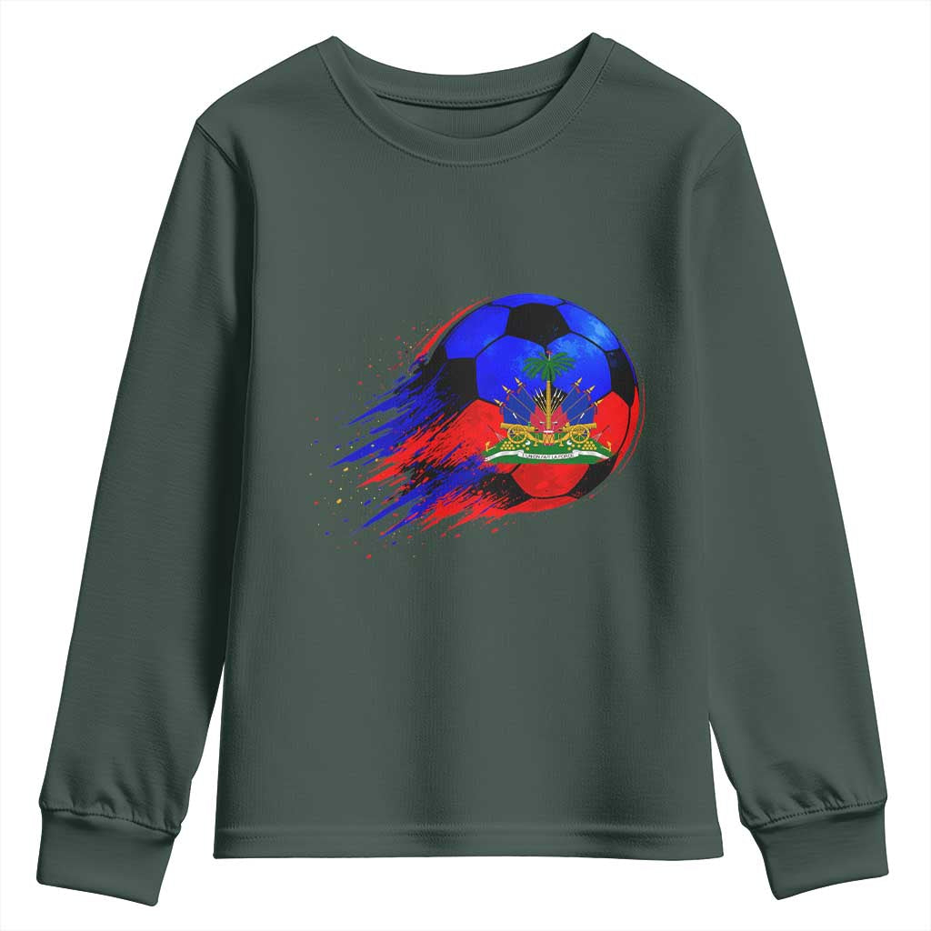 Haitian Flag Soccer Ball Splatter Graphic Youth Sweatshirt Haiti Football Sports Fan TS02 Dark Forest Green Print Your Wear