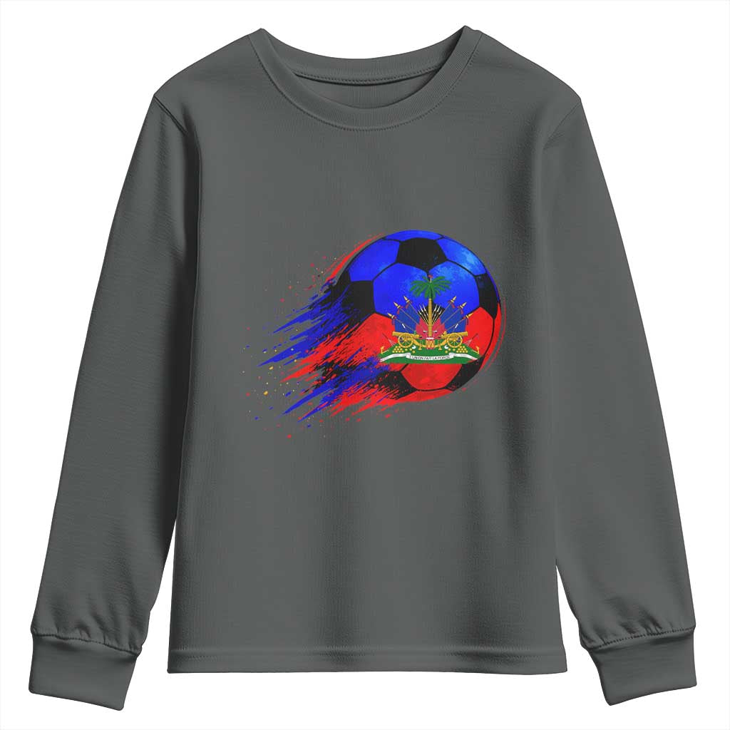 Haitian Flag Soccer Ball Splatter Graphic Youth Sweatshirt Haiti Football Sports Fan TS02 Dark Heather Print Your Wear