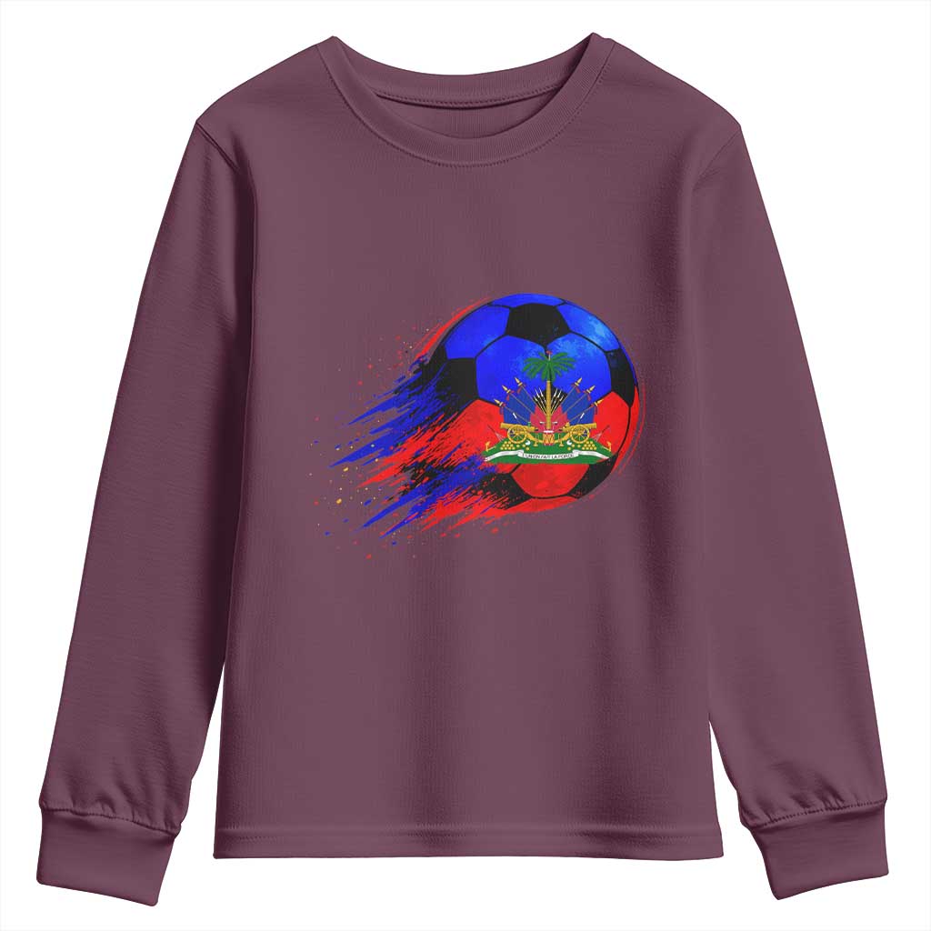 Haitian Flag Soccer Ball Splatter Graphic Youth Sweatshirt Haiti Football Sports Fan TS02 Maroon Print Your Wear