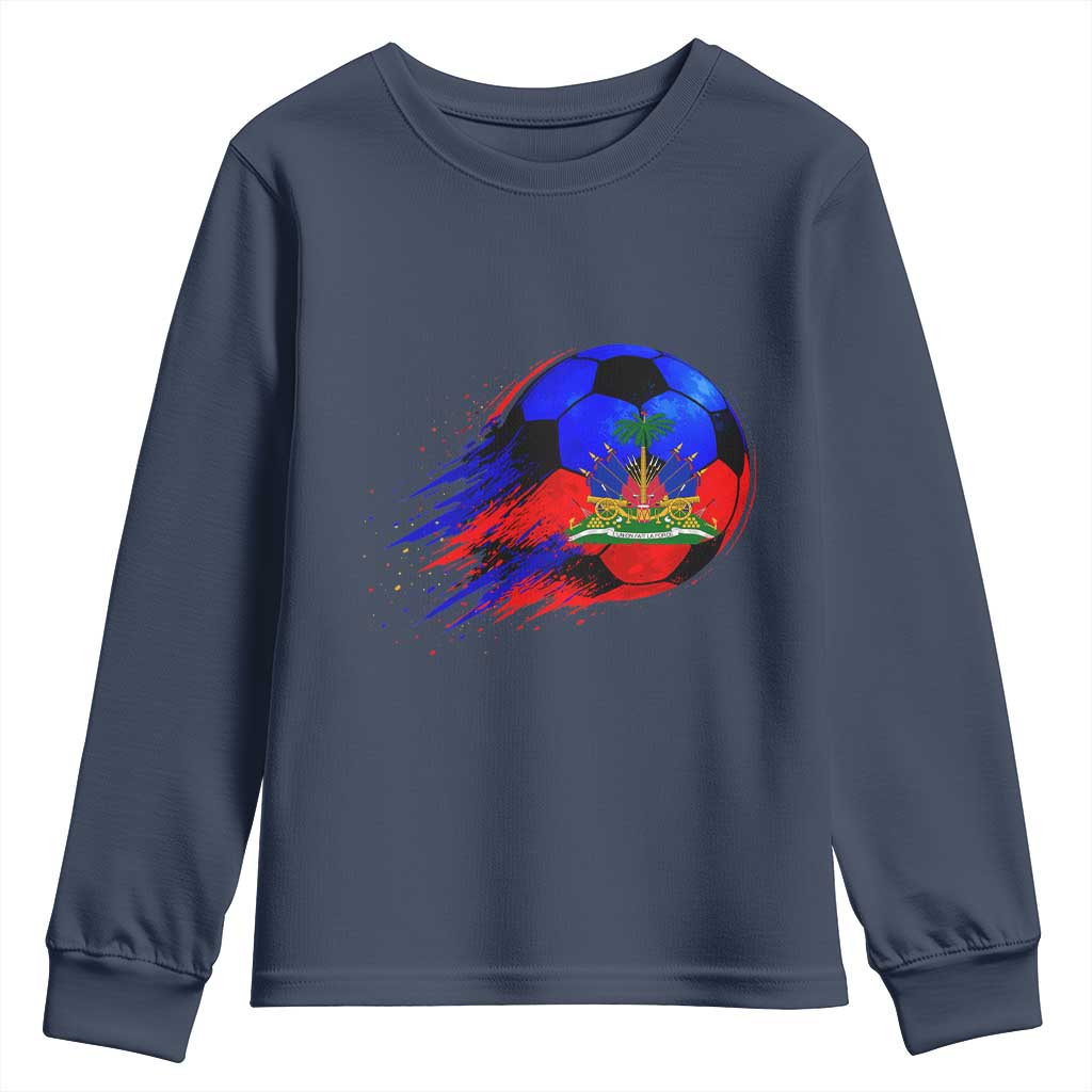 Haitian Flag Soccer Ball Splatter Graphic Youth Sweatshirt Haiti Football Sports Fan TS02 Navy Print Your Wear