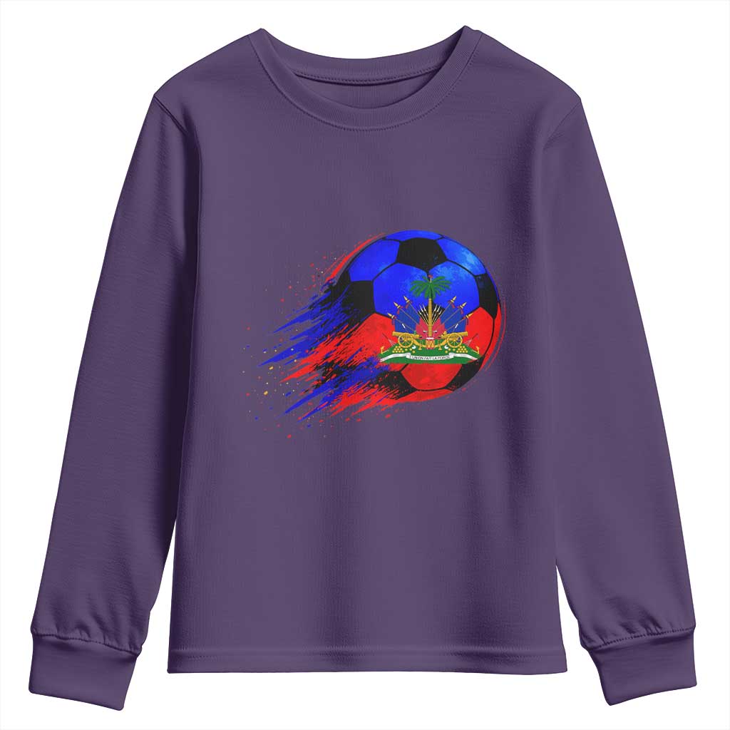 Haitian Flag Soccer Ball Splatter Graphic Youth Sweatshirt Haiti Football Sports Fan TS02 Purple Print Your Wear