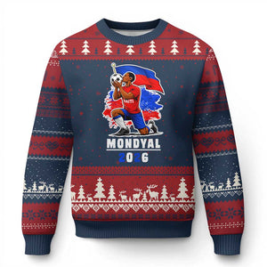 Mondyal 2026 Haiti Soccer Player Victory Celebration Graphic Ugly Christmas Sweater Haitian Flag Football Sports Fan TS02 Navy Red Print Your Wear