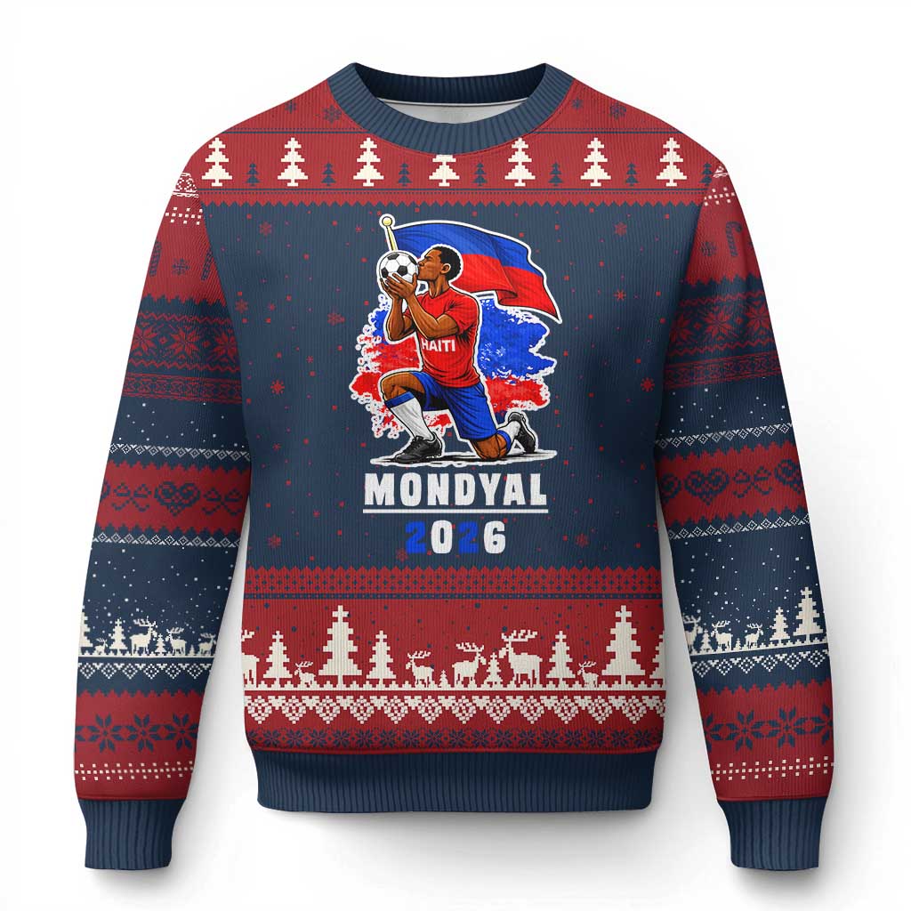 Mondyal 2026 Haiti Soccer Player Victory Celebration Graphic Ugly Christmas Sweater Haitian Flag Football Sports Fan TS02 Navy Red Print Your Wear