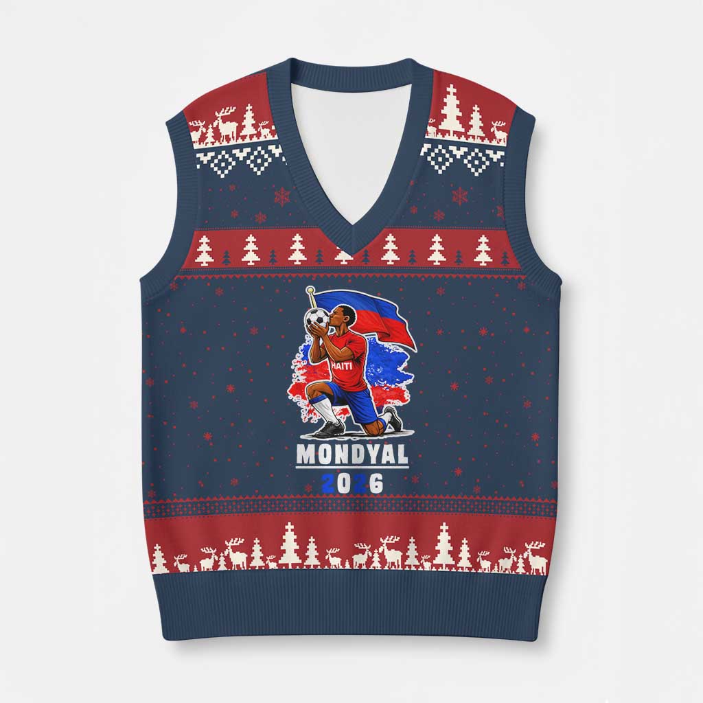 Mondyal 2026 Haiti Soccer Player Victory Celebration Graphic V-Neck Knit Sweater Vest Haitian Flag Football Sports Fan TS02 Navy Red Print Your Wear