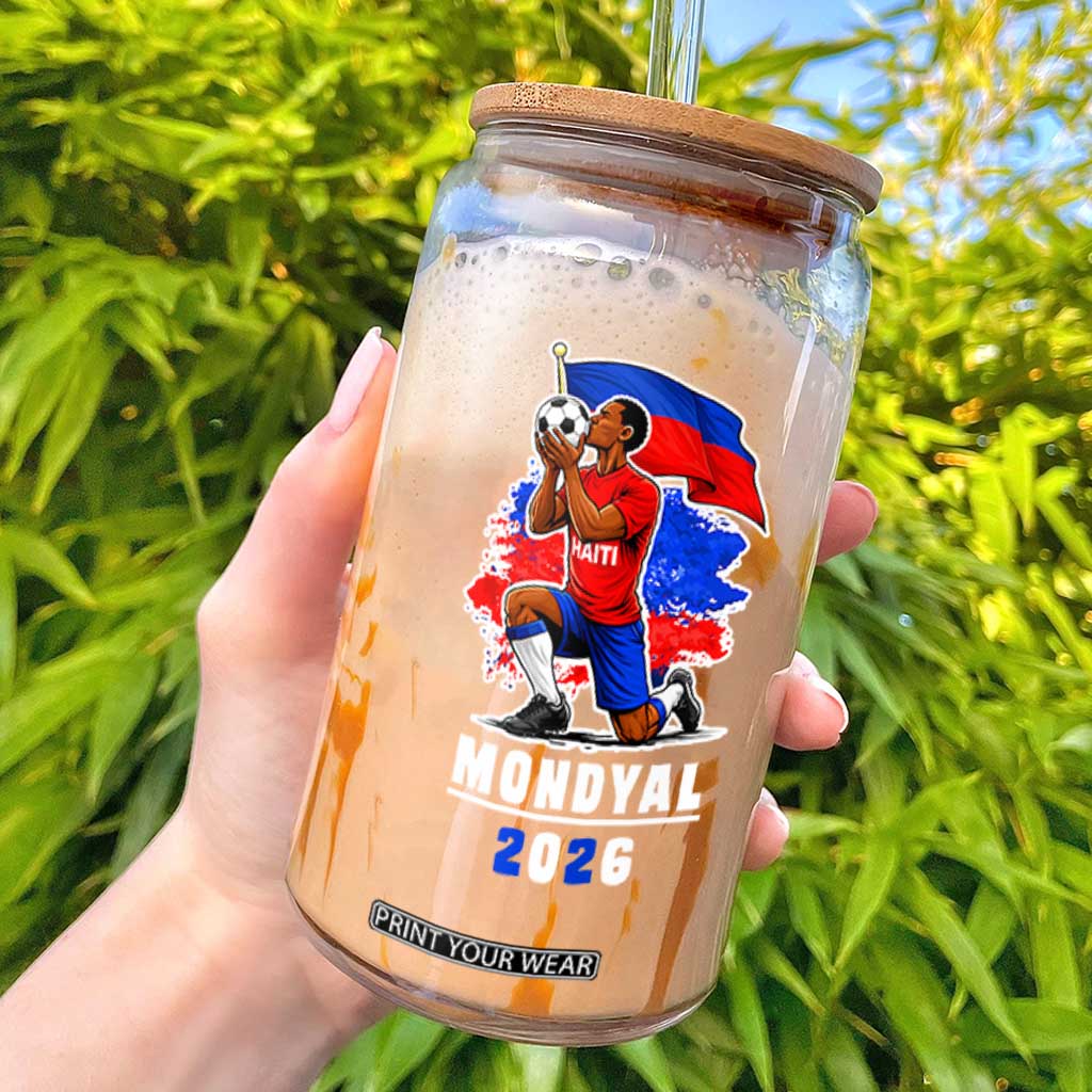 Mondyal 2026 Haiti Soccer Player Victory Celebration Graphic Glass Can Haitian Flag Football Sports Fan TS02 Black Print Your Wear