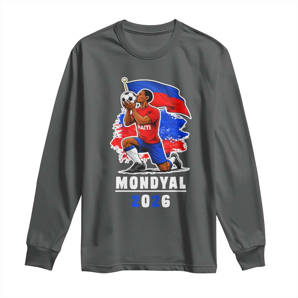 Mondyal 2026 Haiti Soccer Player Victory Celebration Graphic Long Sleeve Shirt Haitian Flag Football Sports Fan TS02 Dark Heather Print Your Wear