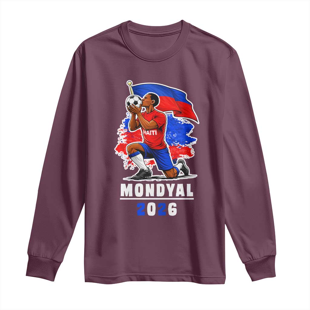 Mondyal 2026 Haiti Soccer Player Victory Celebration Graphic Long Sleeve Shirt Haitian Flag Football Sports Fan TS02 Maroon Print Your Wear