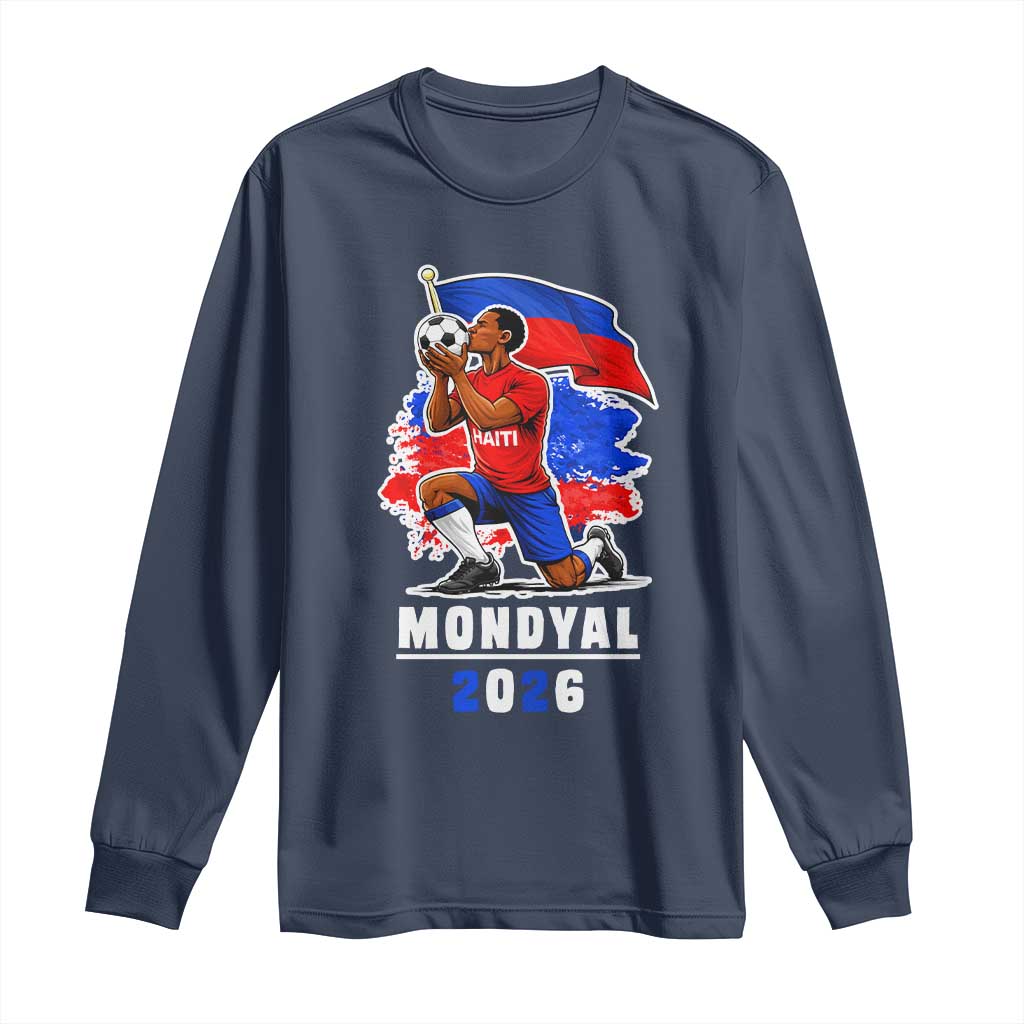 Mondyal 2026 Haiti Soccer Player Victory Celebration Graphic Long Sleeve Shirt Haitian Flag Football Sports Fan TS02 Navy Print Your Wear