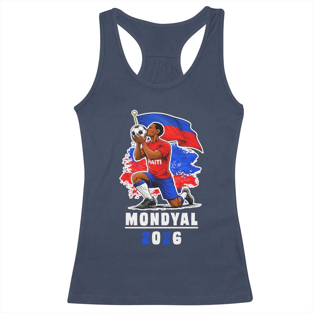 Mondyal 2026 Haiti Soccer Player Victory Celebration Graphic Racerback Tank Top Haitian Flag Football Sports Fan TS02 Navy Print Your Wear
