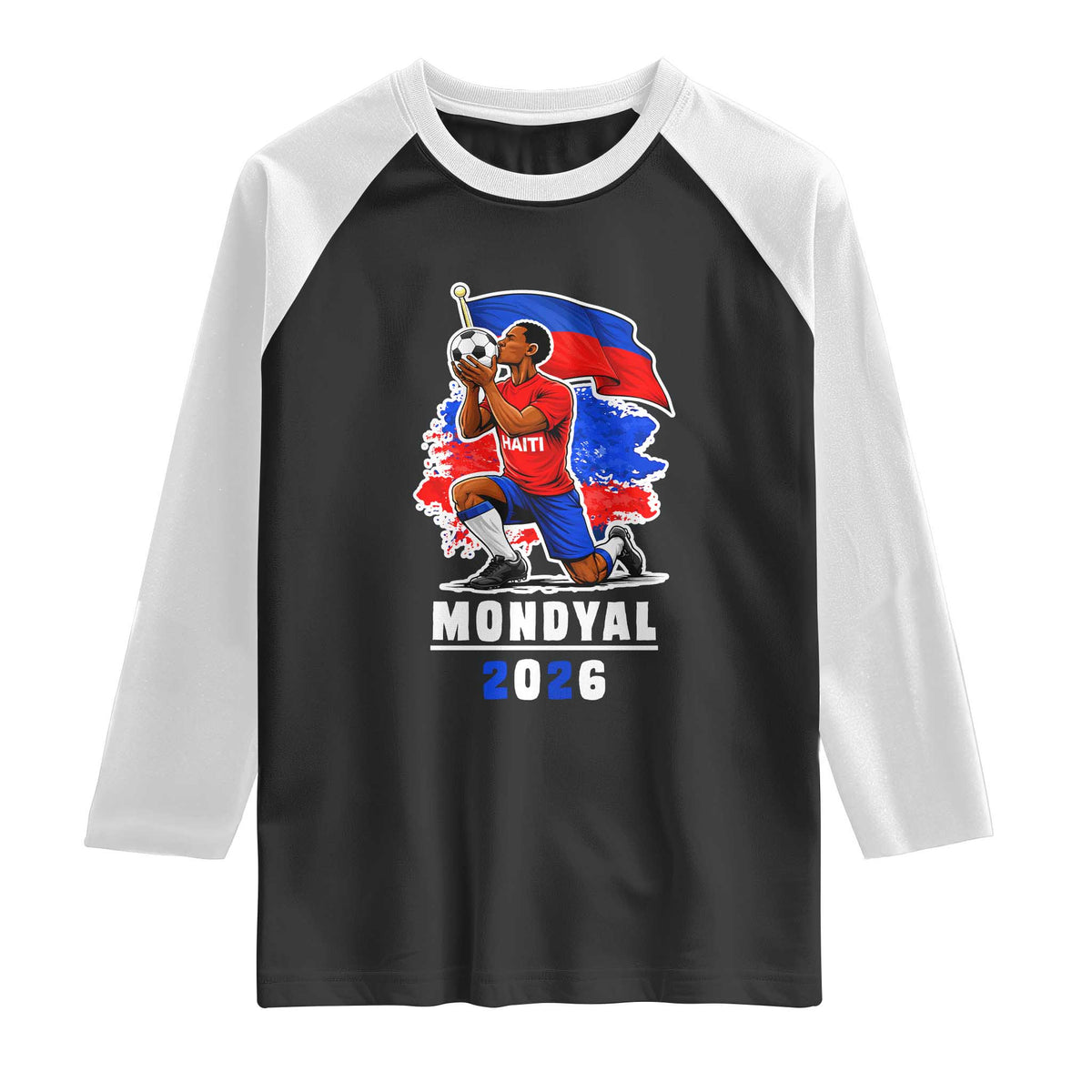 Mondyal 2026 Haiti Soccer Player Victory Celebration Graphic Raglan Shirt Haitian Flag Football Sports Fan TS02 Black White Print Your Wear