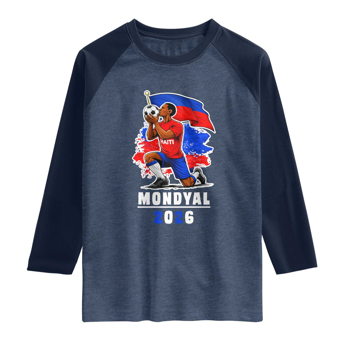 Mondyal 2026 Haiti Soccer Player Victory Celebration Graphic Raglan Shirt Haitian Flag Football Sports Fan TS02 Heather Denim Navy Print Your Wear