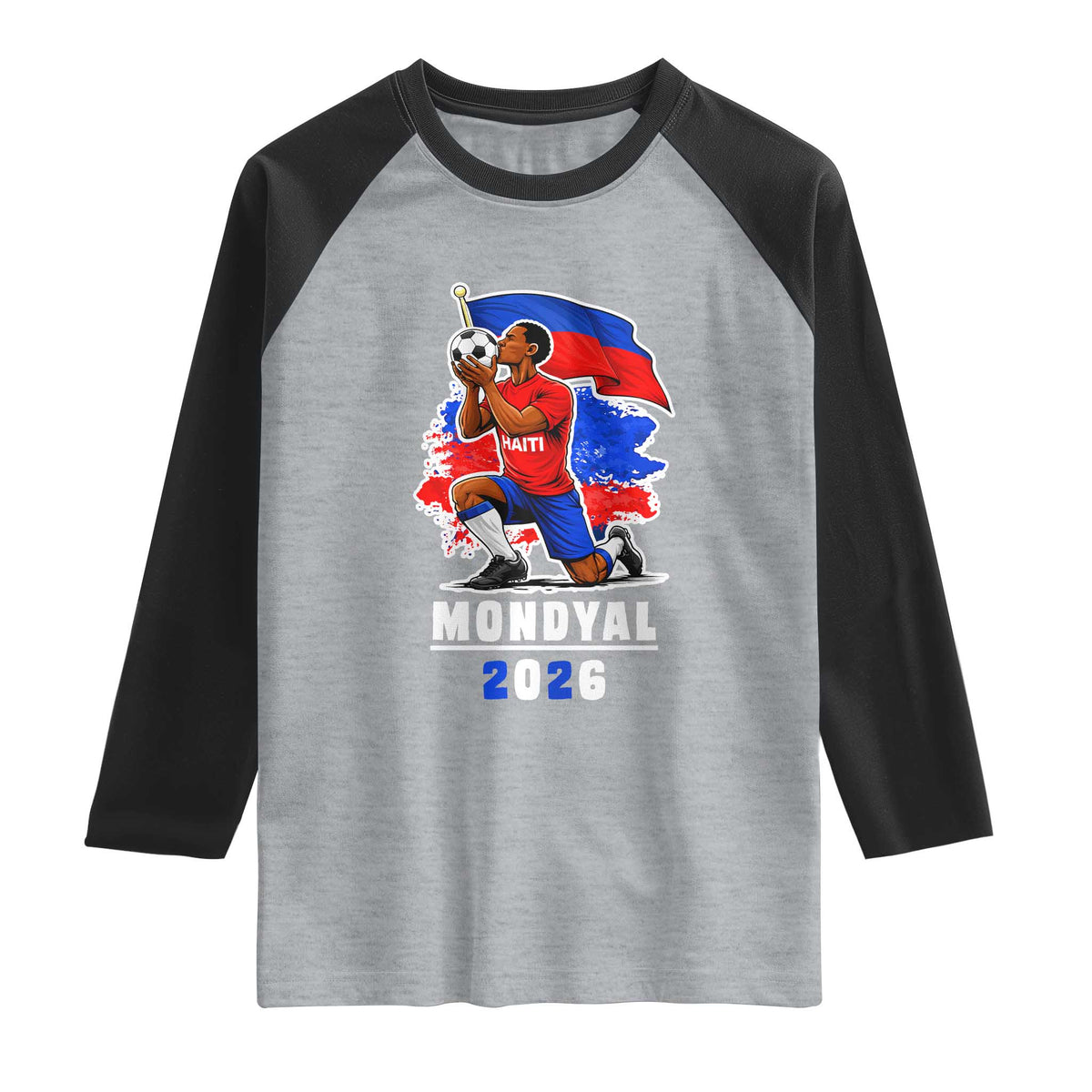 Mondyal 2026 Haiti Soccer Player Victory Celebration Graphic Raglan Shirt Haitian Flag Football Sports Fan TS02 Heather Gray Black Print Your Wear