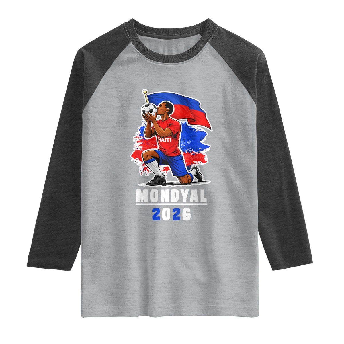 Mondyal 2026 Haiti Soccer Player Victory Celebration Graphic Raglan Shirt Haitian Flag Football Sports Fan TS02 Heather Gray Heather Charcoal Print Your Wear