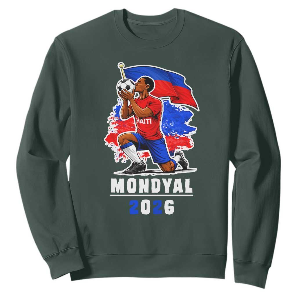 Mondyal 2026 Haiti Soccer Player Victory Celebration Graphic Sweatshirt Haitian Flag Football Sports Fan TS02 Dark Forest Green Print Your Wear