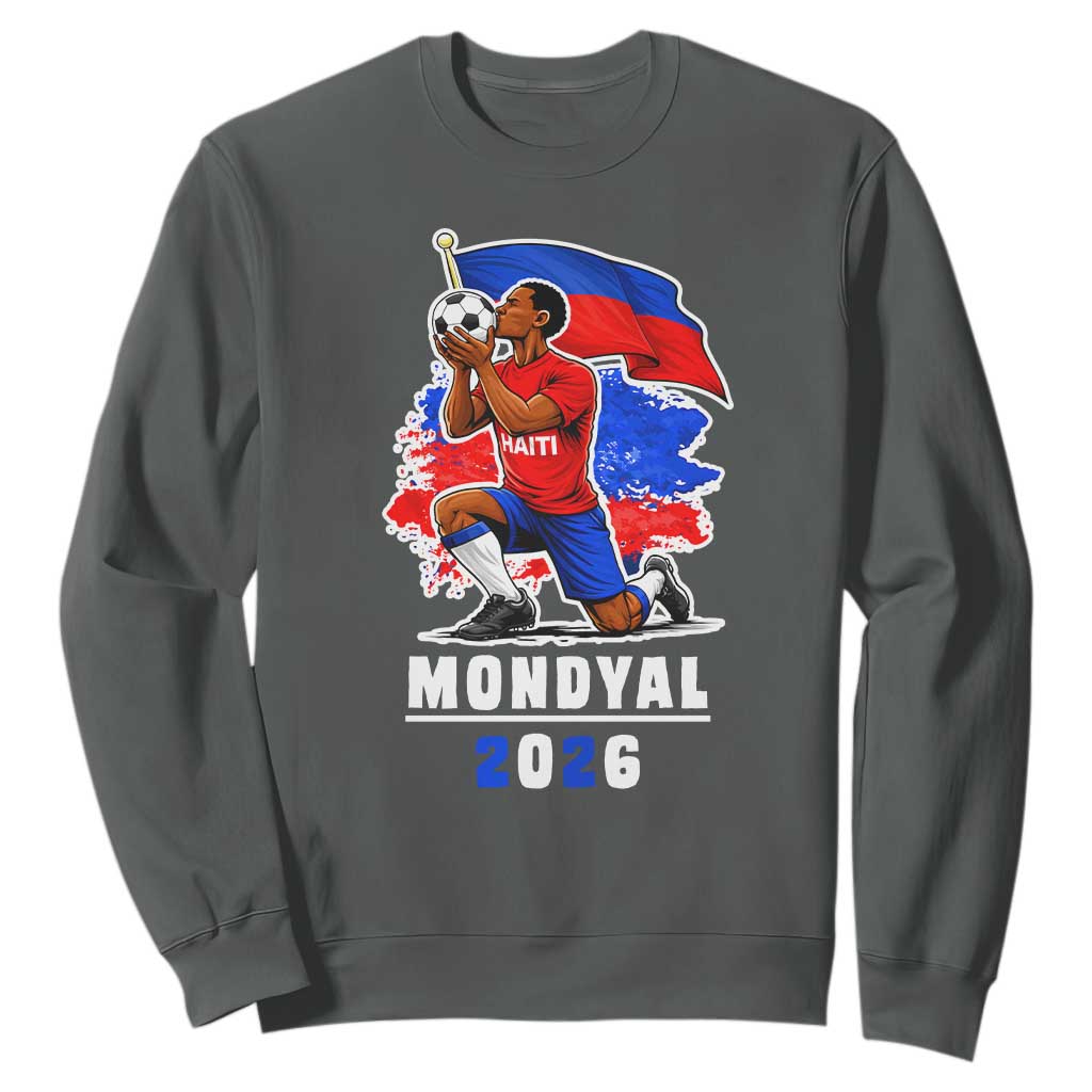 Mondyal 2026 Haiti Soccer Player Victory Celebration Graphic Sweatshirt Haitian Flag Football Sports Fan TS02 Dark Heather Print Your Wear