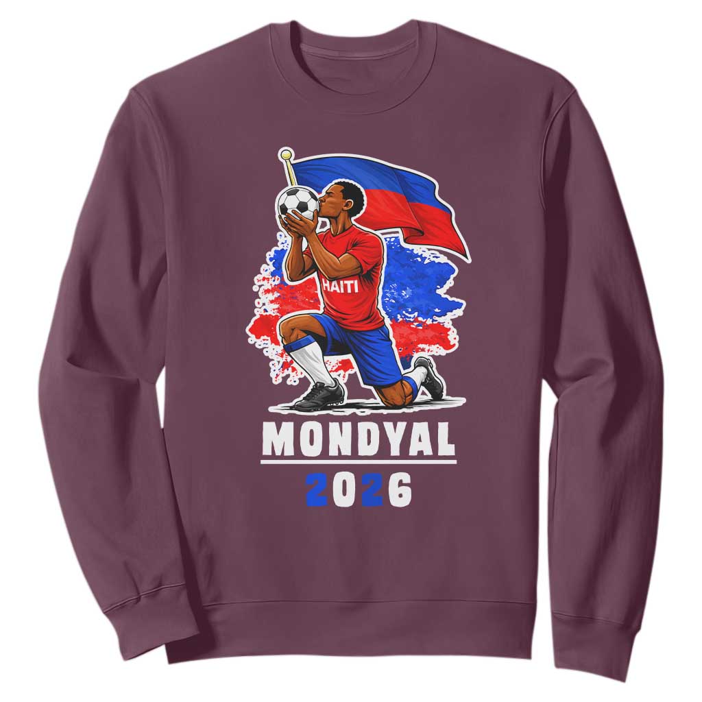 Mondyal 2026 Haiti Soccer Player Victory Celebration Graphic Sweatshirt Haitian Flag Football Sports Fan TS02 Maroon Print Your Wear