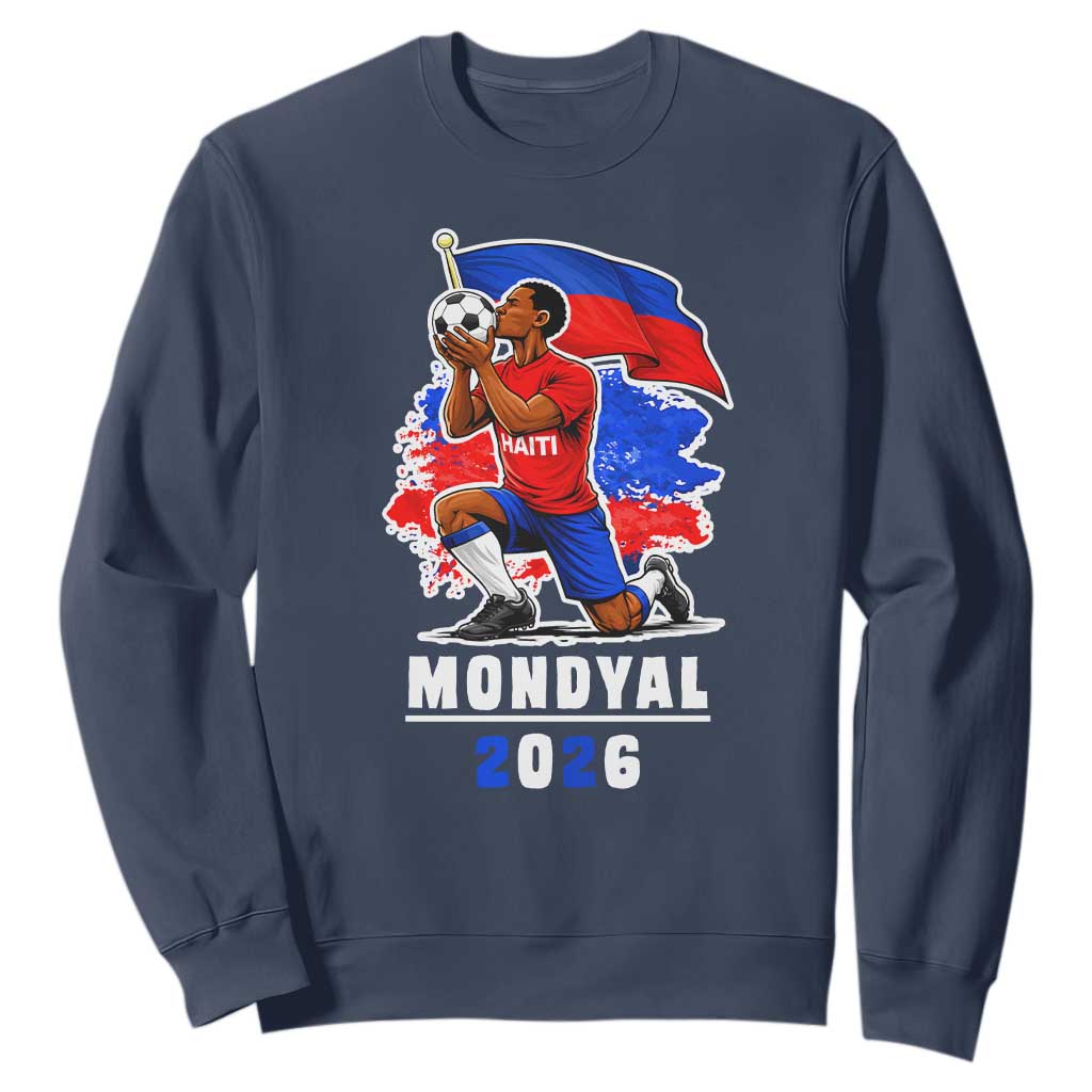 Mondyal 2026 Haiti Soccer Player Victory Celebration Graphic Sweatshirt Haitian Flag Football Sports Fan TS02 Navy Print Your Wear