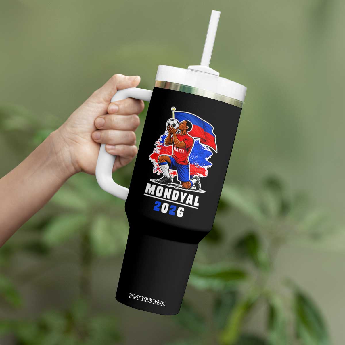 Mondyal 2026 Haiti Soccer Player Victory Celebration Graphic Tumbler With Handle Haitian Flag Football Sports Fan TS02 Print Your Wear