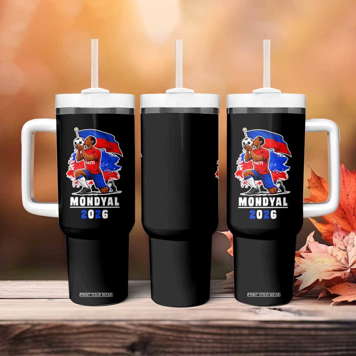 Mondyal 2026 Haiti Soccer Player Victory Celebration Graphic Tumbler With Handle Haitian Flag Football Sports Fan TS02 Print Your Wear
