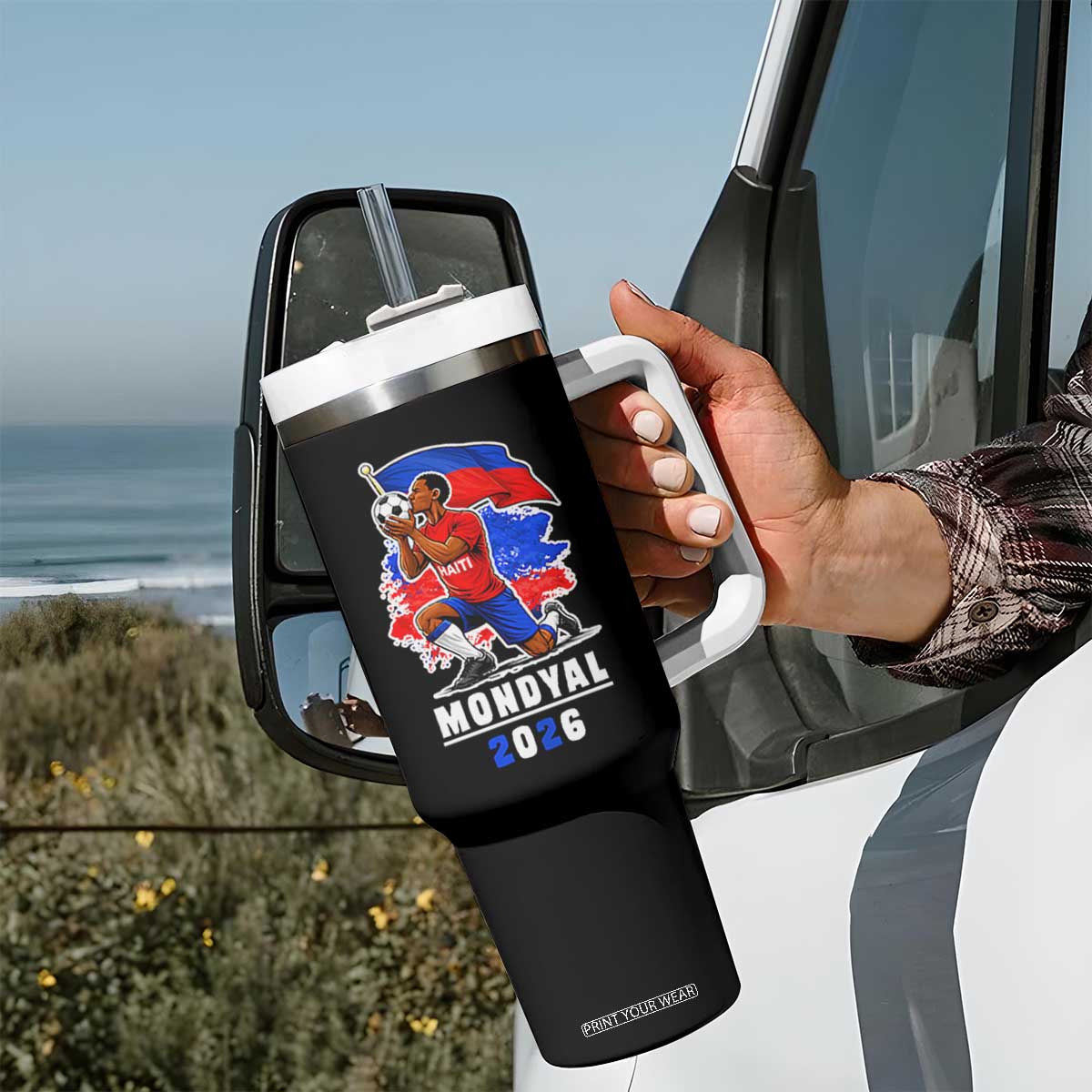 Mondyal 2026 Haiti Soccer Player Victory Celebration Graphic Tumbler With Handle Haitian Flag Football Sports Fan TS02 Print Your Wear