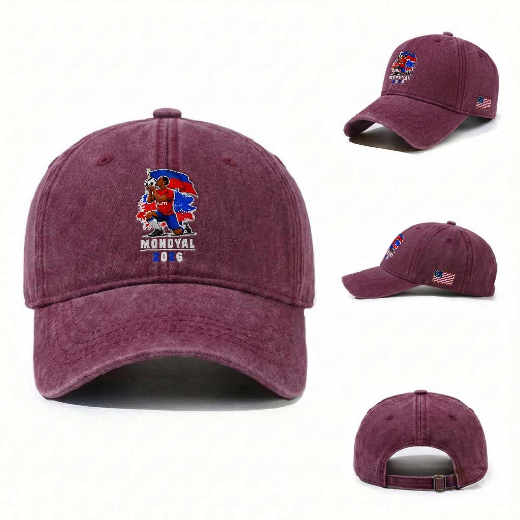 Mondyal 2026 Haiti Soccer Player Victory Celebration Graphic Washed Cotton Baseball Cap Haitian Flag Football Sports Fan TS02 Washed Cap Universal Fit Burgundy Print Your Wear