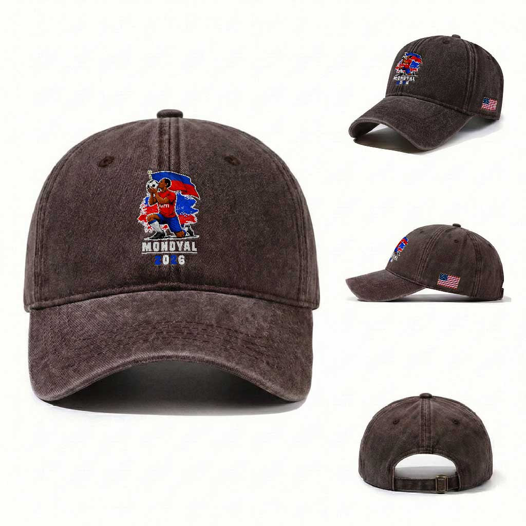 Mondyal 2026 Haiti Soccer Player Victory Celebration Graphic Washed Cotton Baseball Cap Haitian Flag Football Sports Fan TS02 Washed Cap Universal Fit Dark Brown Print Your Wear