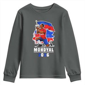 Mondyal 2026 Haiti Soccer Player Victory Celebration Graphic Youth Sweatshirt Haitian Flag Football Sports Fan TS02 Dark Heather Print Your Wear